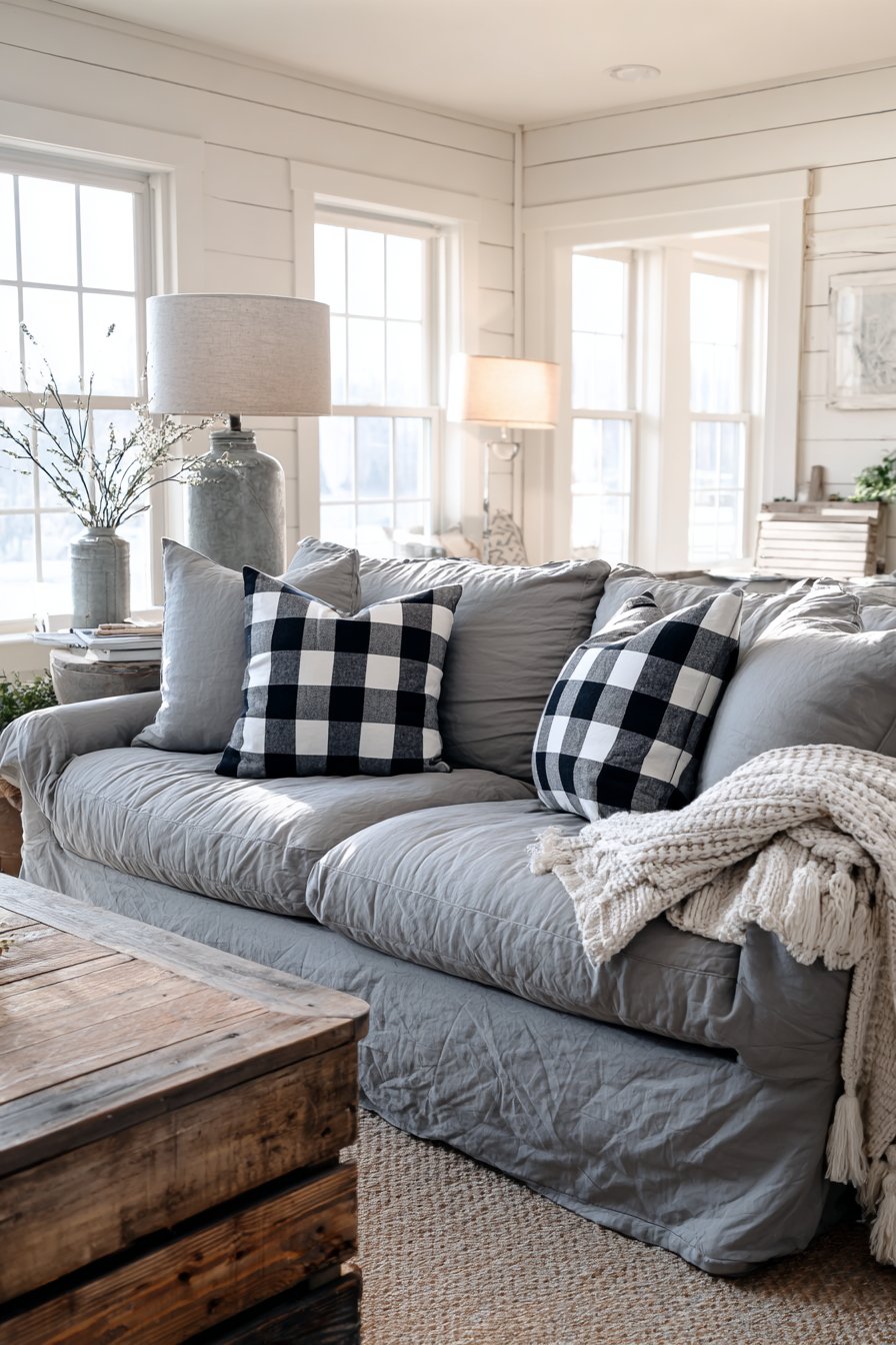 Grey linen slipcovered sofa with shiplap wall