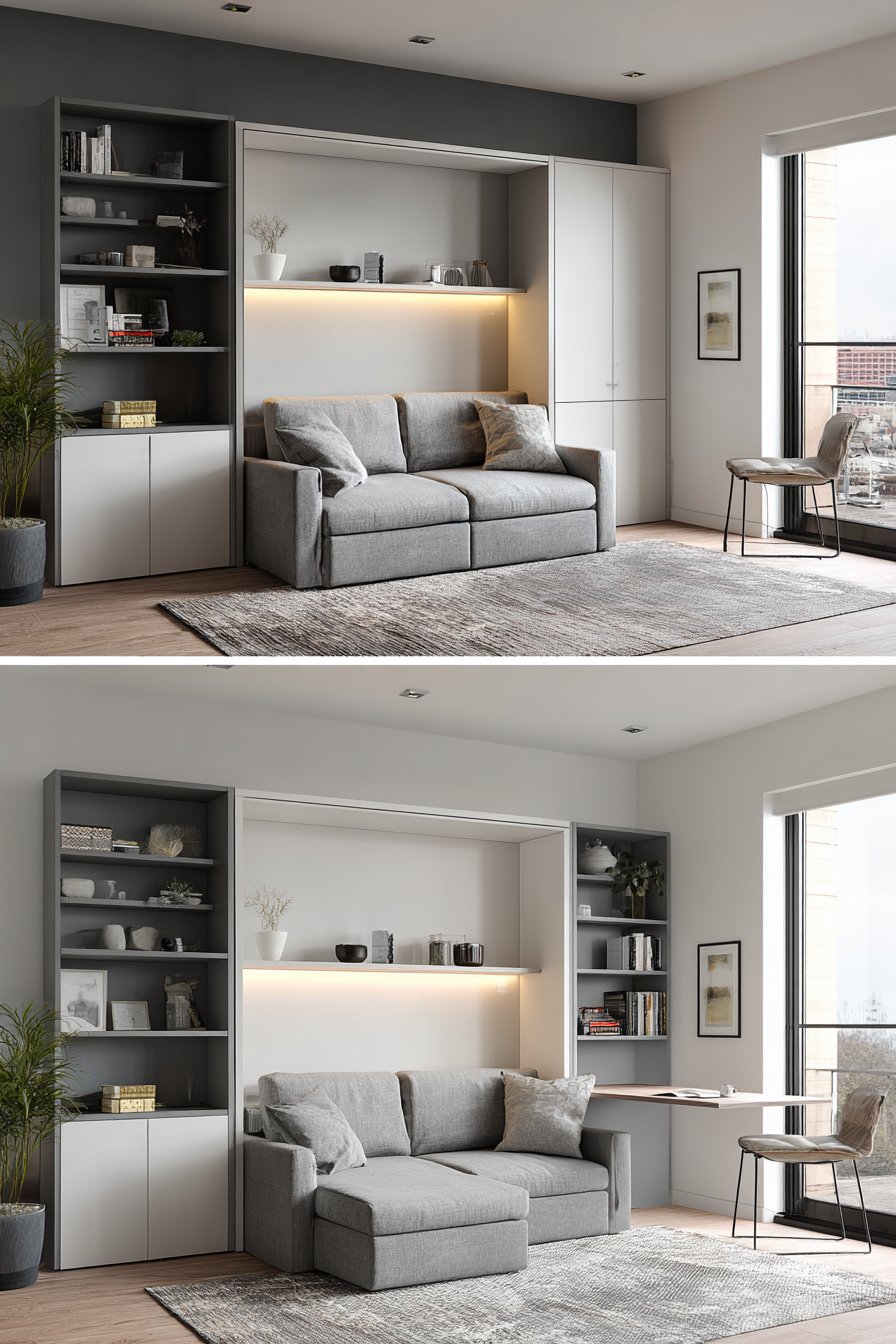 Murphy bed with integrated sofa in both configurations