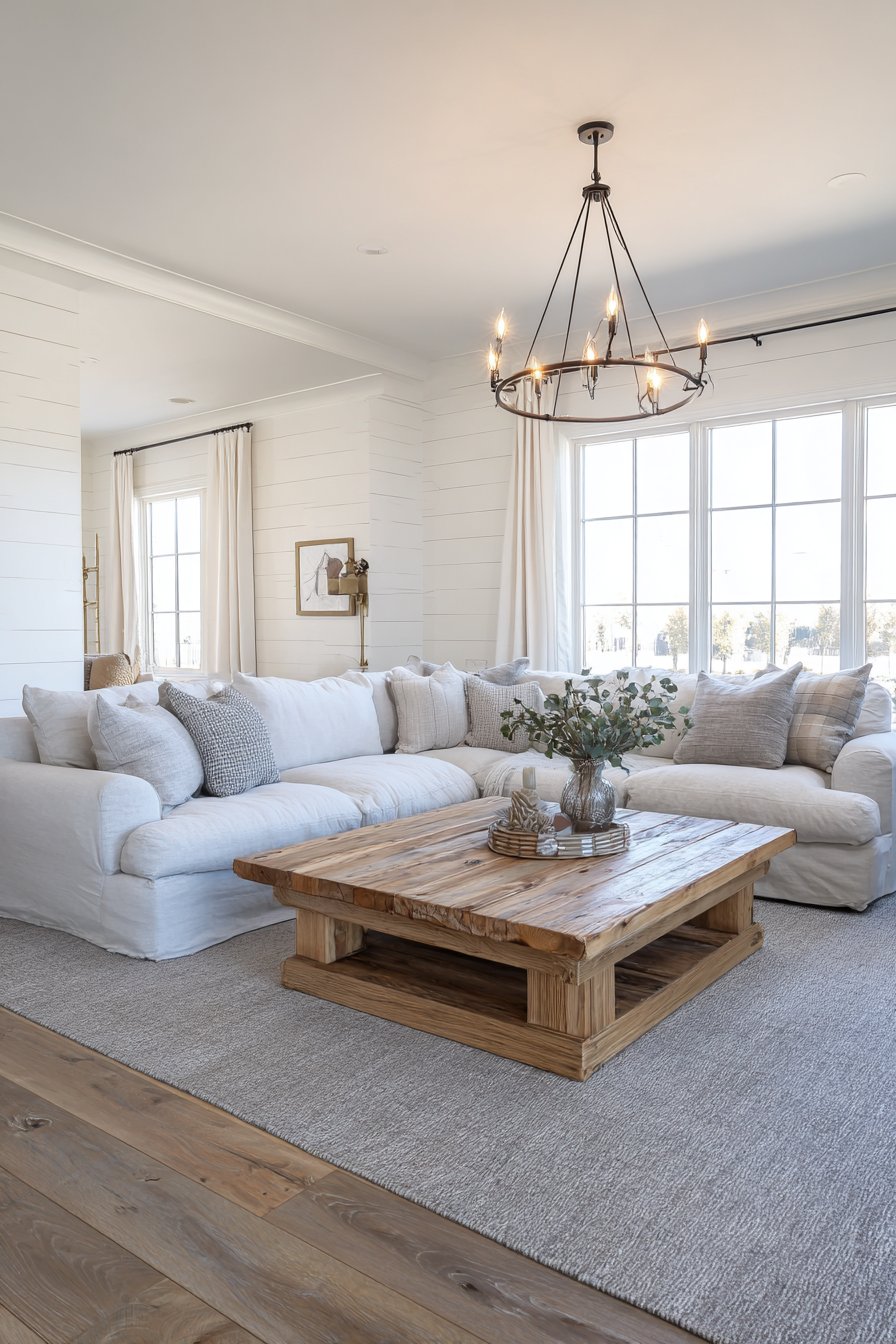 400-square-foot farmhouse living room with shiplap