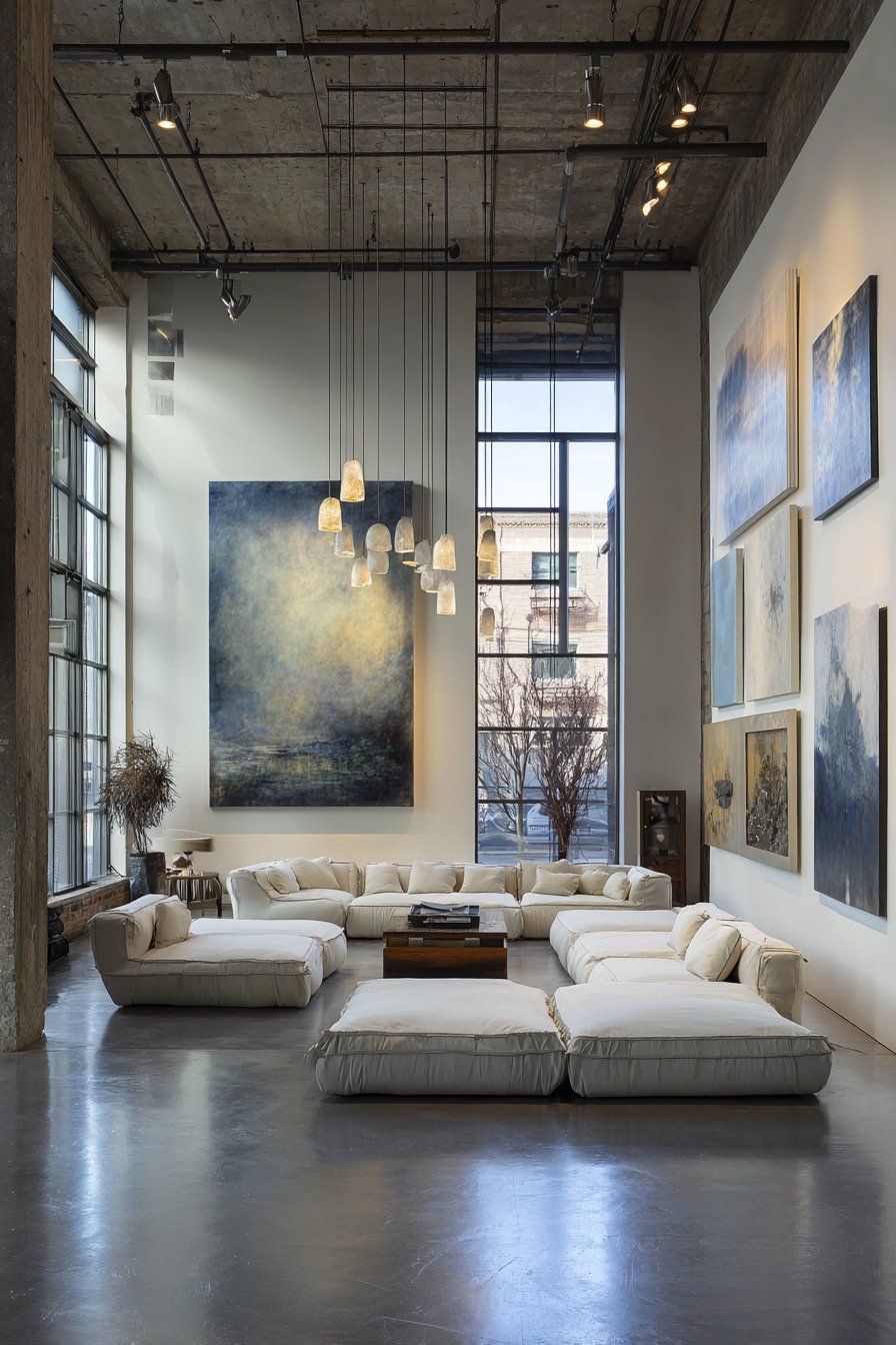 20-foot ceiling warehouse with floating furniture