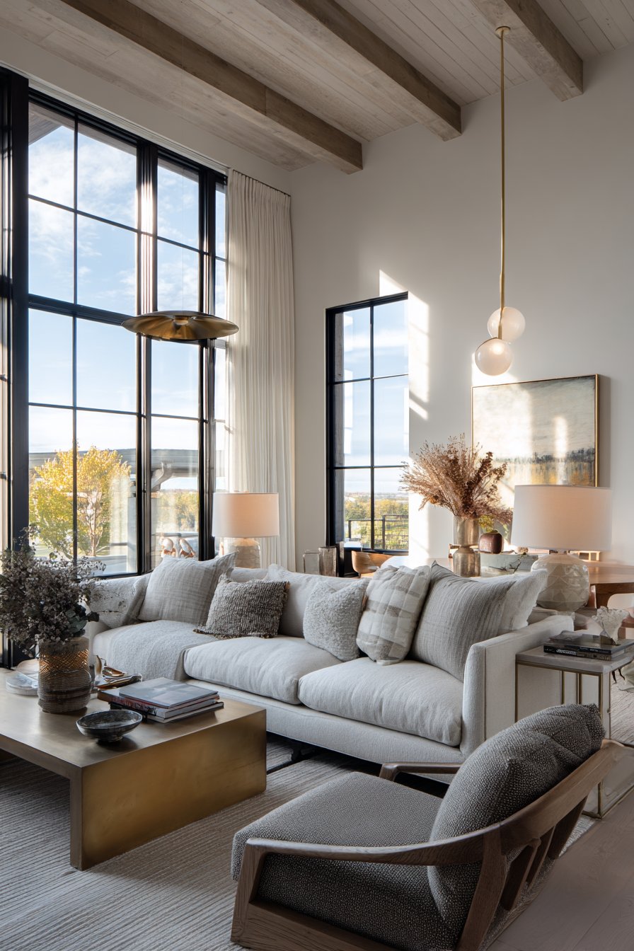 Floor-to-ceiling windows with table lamps at golden hour