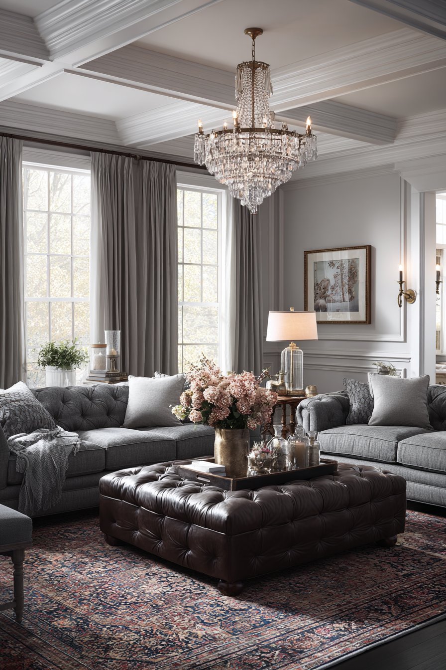 Matching grey sofas with tufted ottoman and crystal chandelier