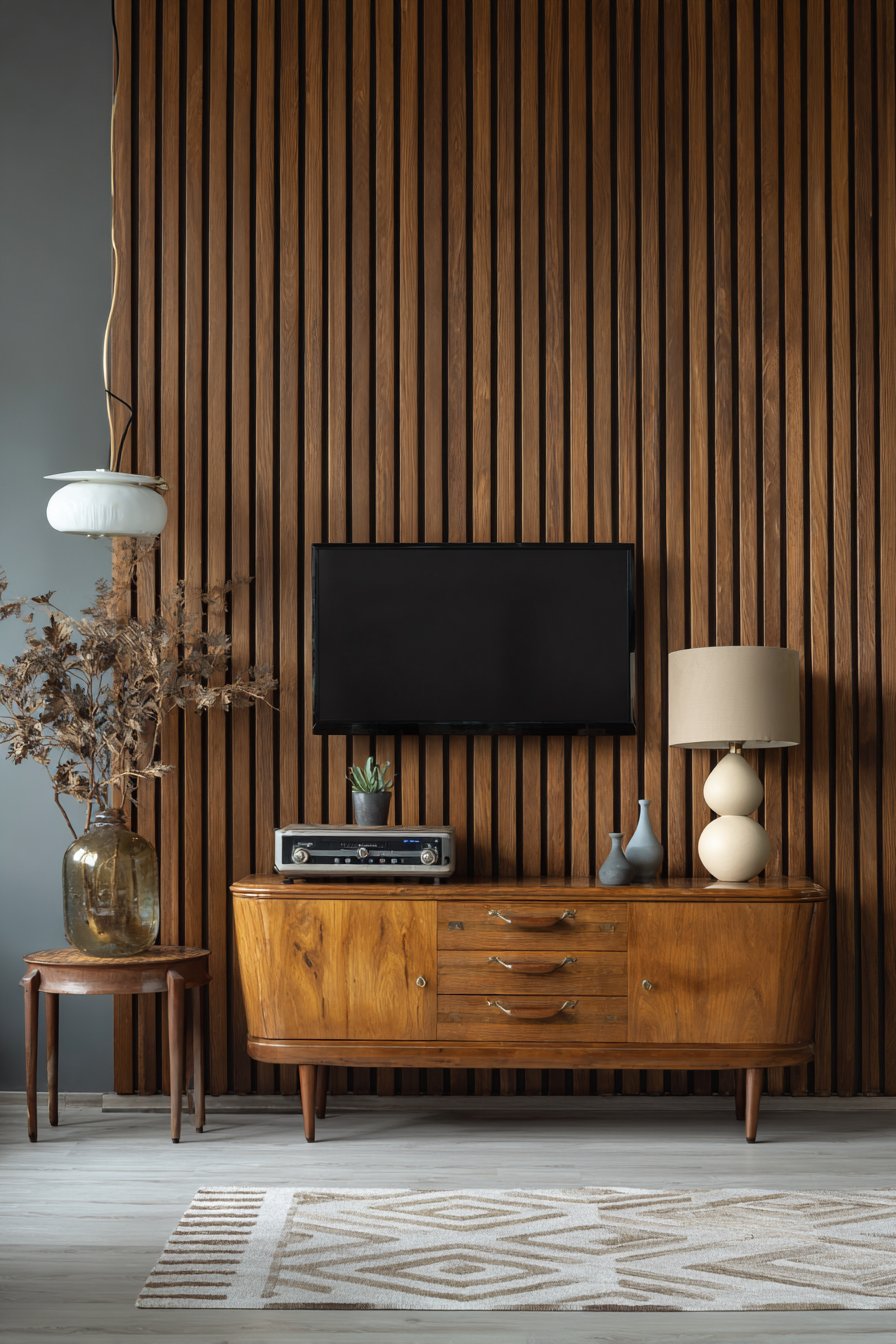 Vertical teak slats with TV and vintage credenza