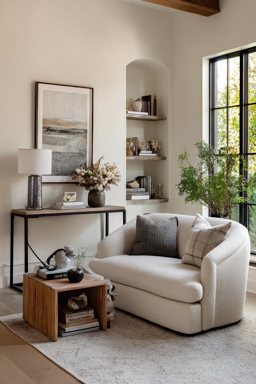 Sofa pulled from wall with console table behind