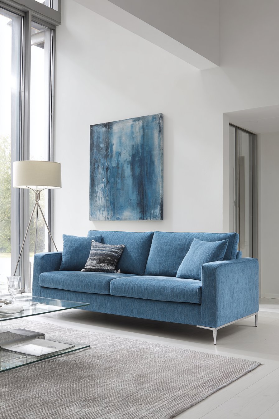 Streamlined steel blue sofa with metal legs in minimalist room