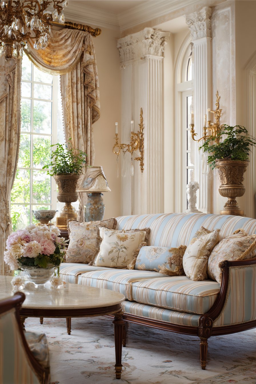 Striped silk sofas with scrolled arms