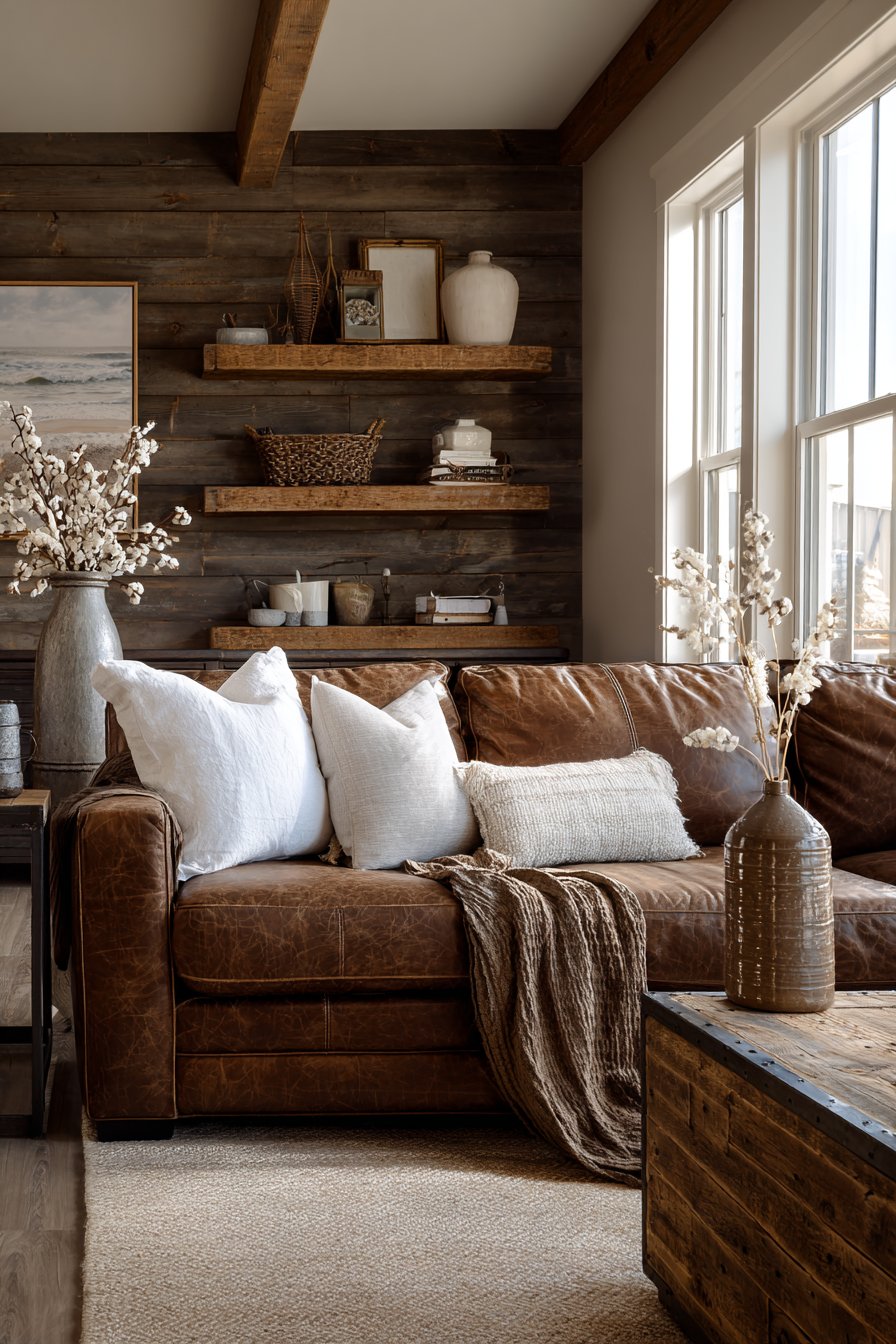 Brown shiplap with distressed leather and reclaimed shelves