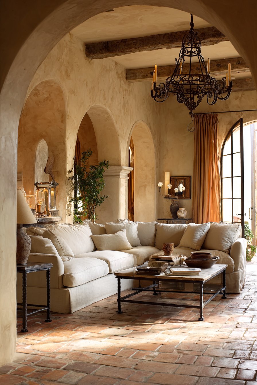 Warm sandstone beige with arches and terracotta