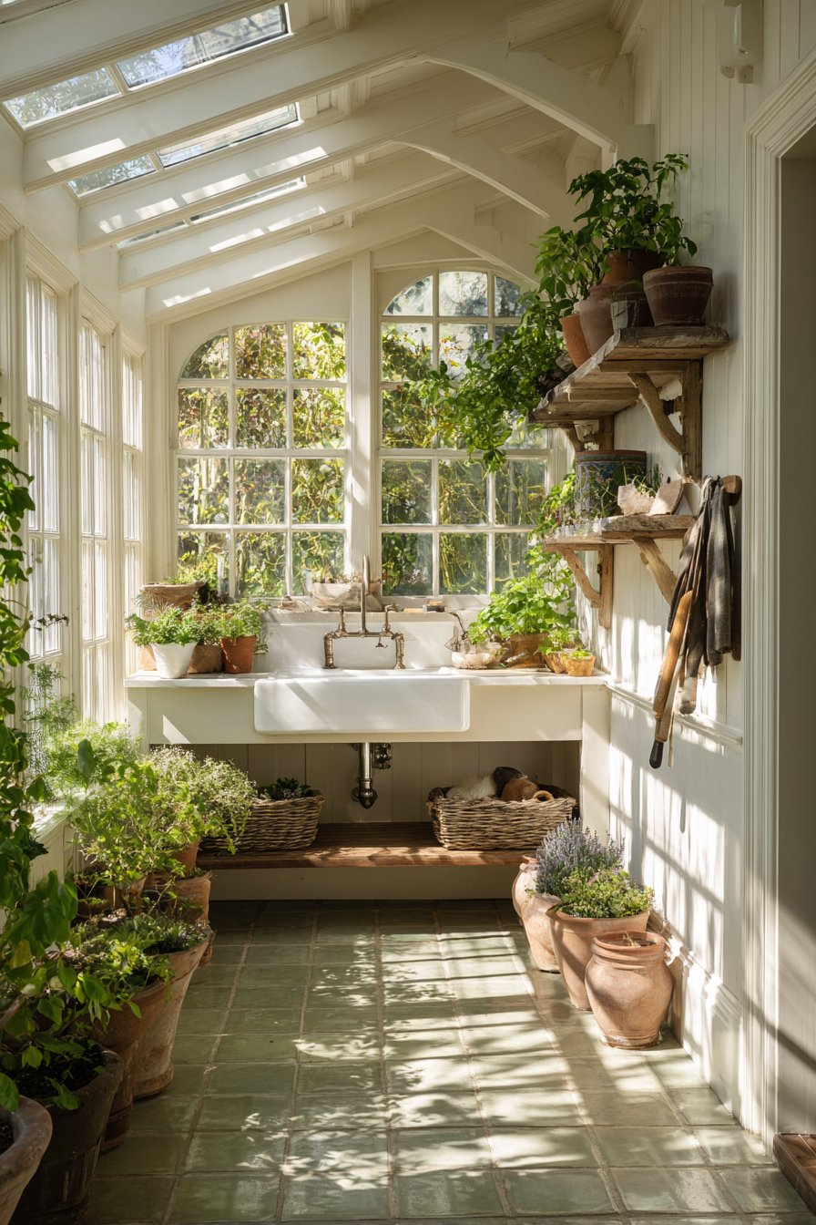 Deep basin potting sink in bright sunroom