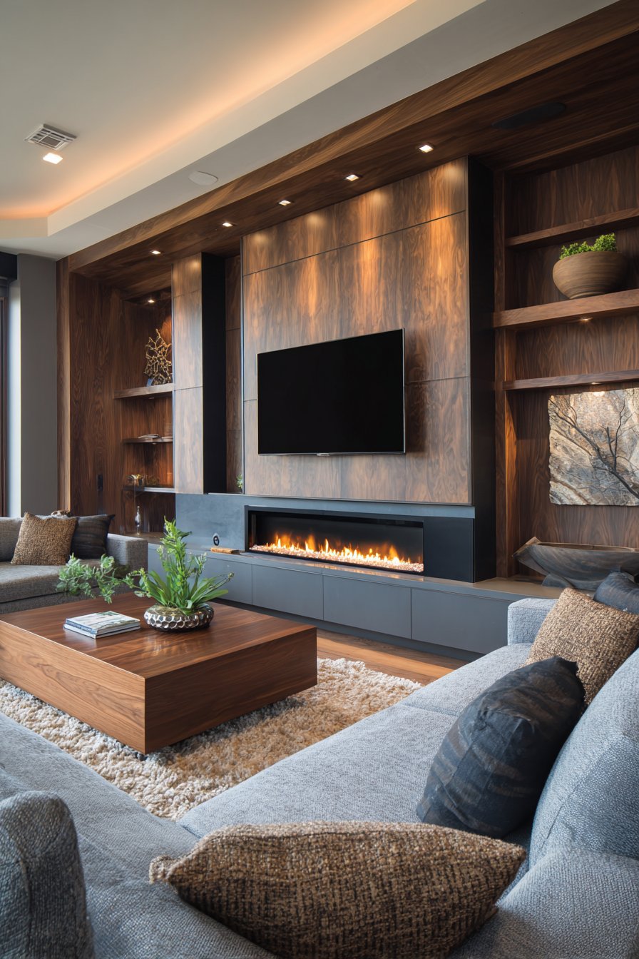 Linear fireplace below TV with floating cabinets