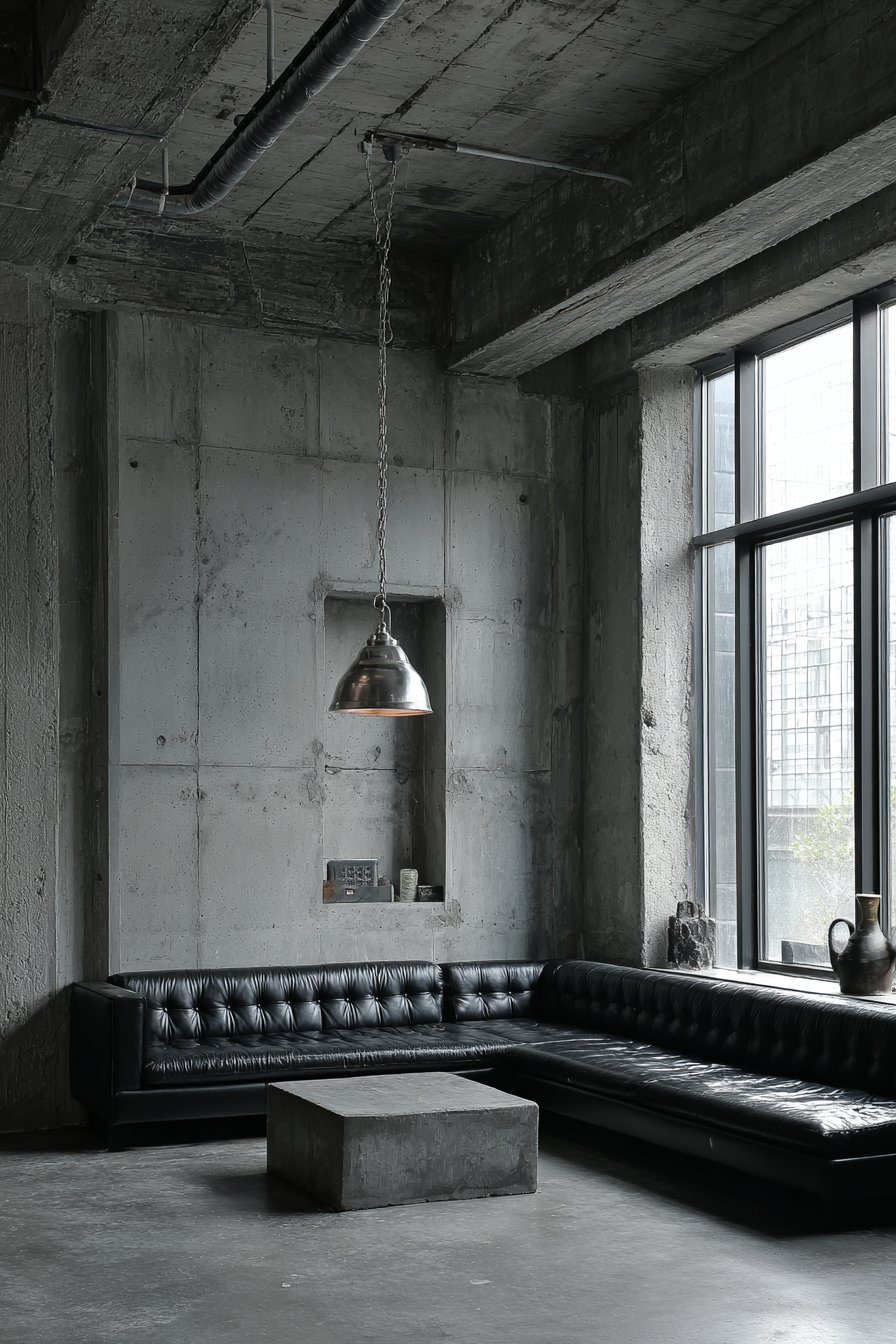 Exposed concrete with black leather sofa and metal pendant