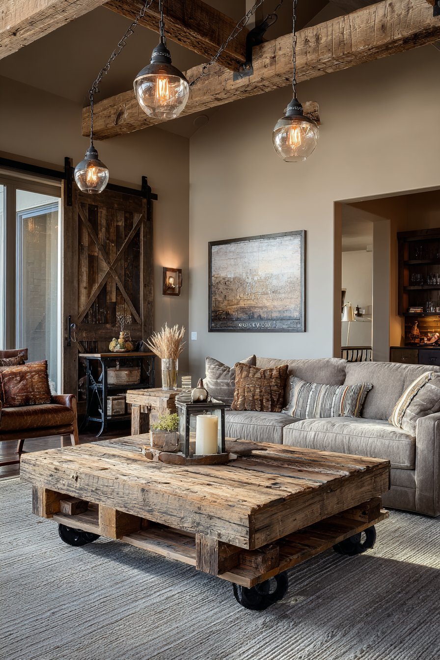 Salvaged barn door table with repurposed scaffolding shelves