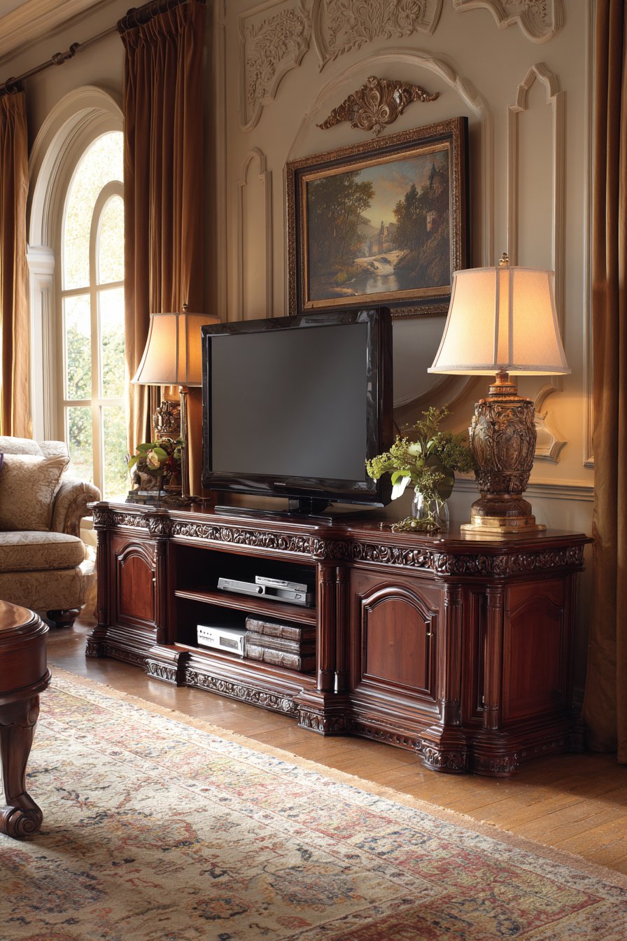 Rich cherry cabinet with carved details and brass hardware