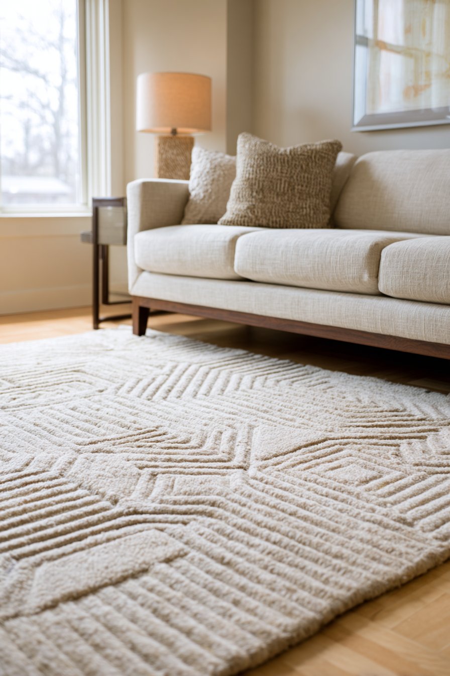 Oatmeal rug with raised geometric pattern in varied pile