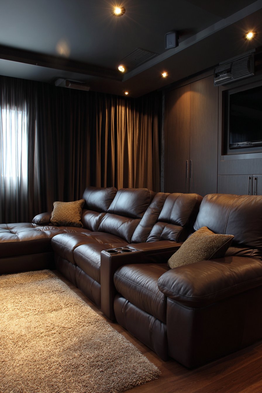 Reclining dark brown sectional in dark media room