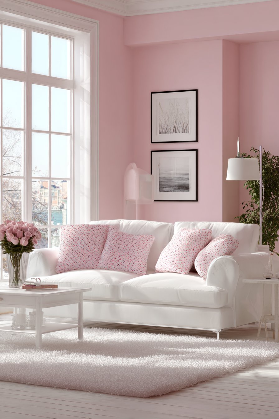 Pale rose walls with white furniture and graphic simplicity