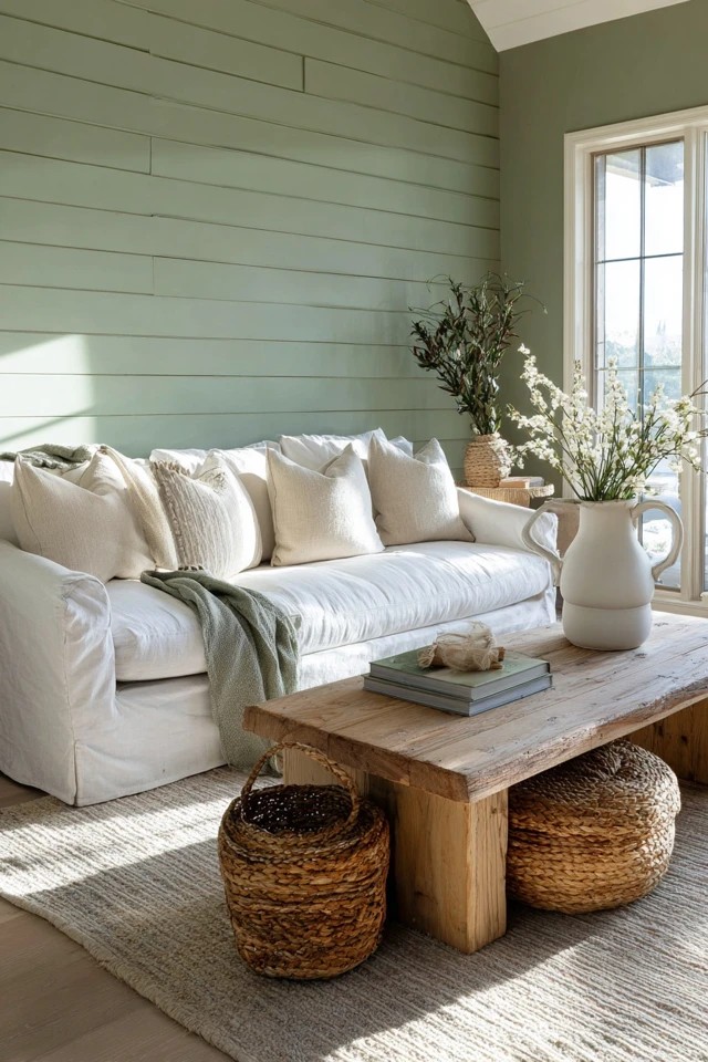 Sage painted horizontal shiplap accent wall