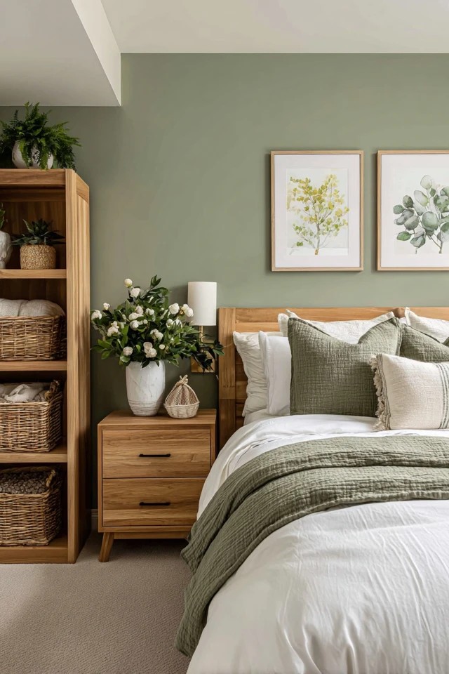 Sage green walls with natural wood and botanical prints