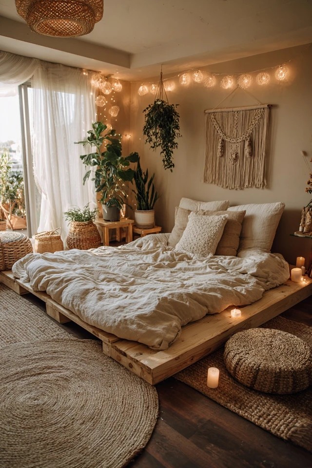 Exposed wooden beams with overhead skylights and king bed