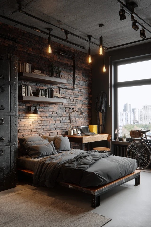 Exposed brick with metal pipe shelving and Edison bulbs