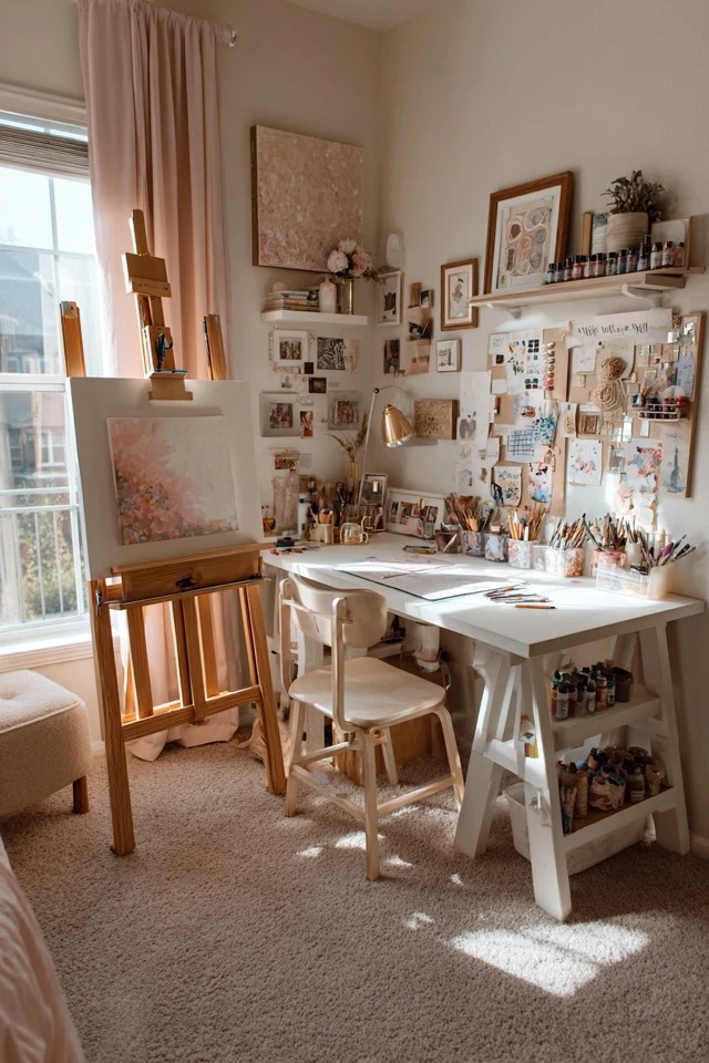 Easel with art supplies and inspiration board