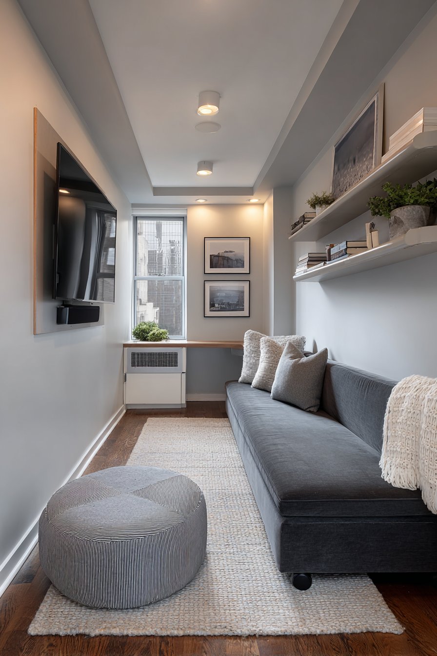 Streamlined bench sofa in 6-foot-wide corridor room