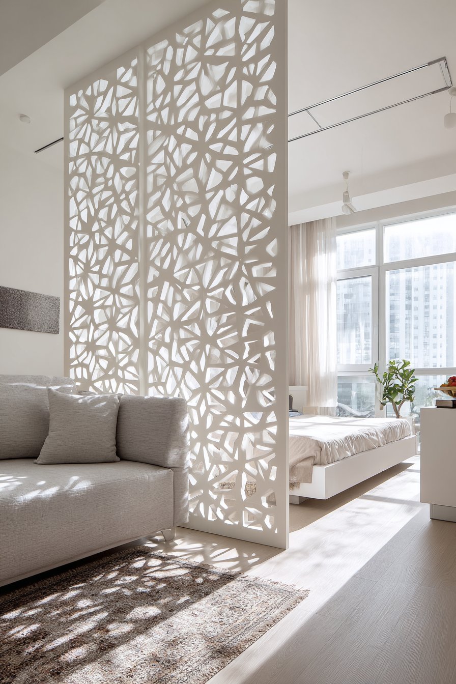 White MDF screens with geometric cutout pattern