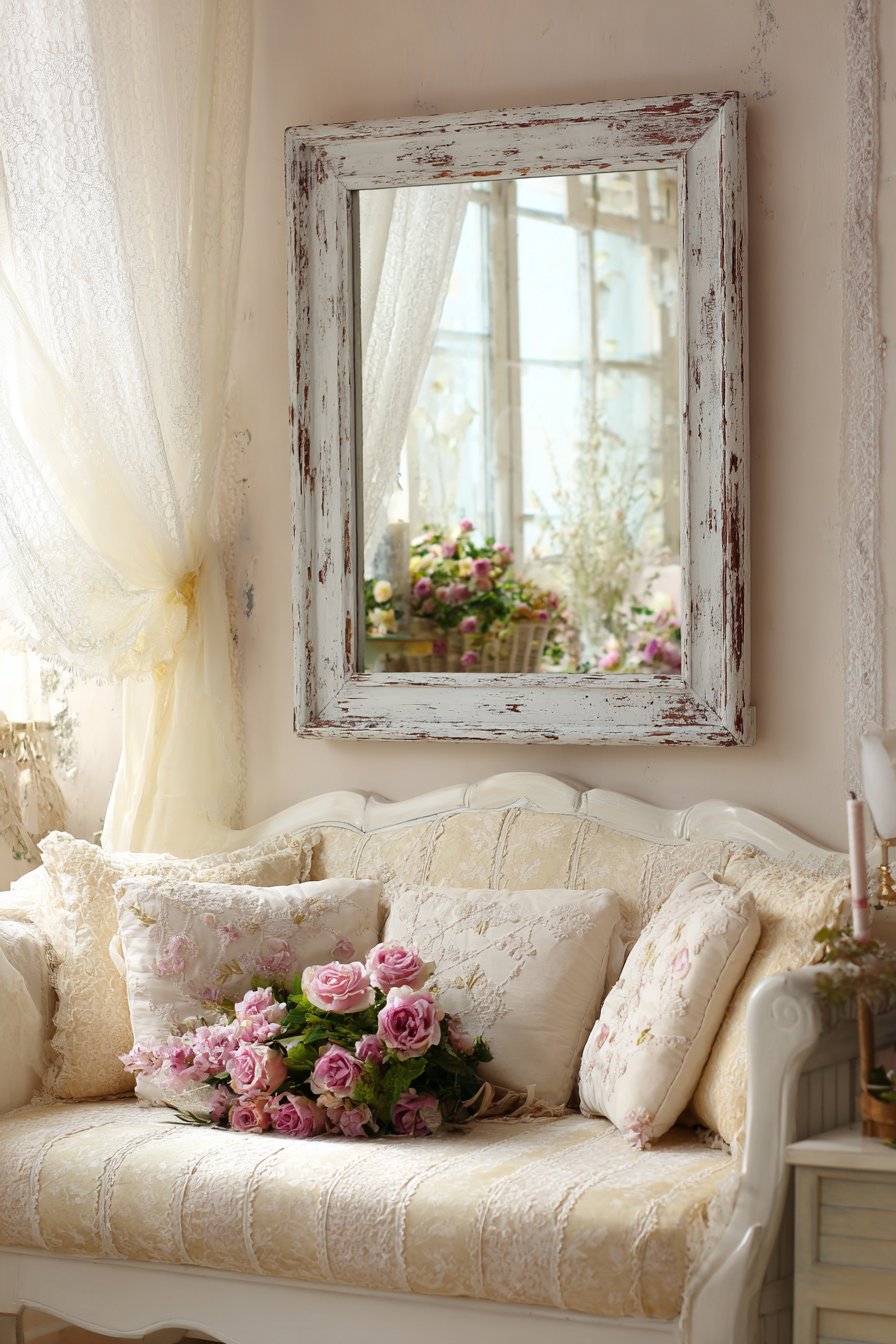 Distressed white painted wood mirror in cottage