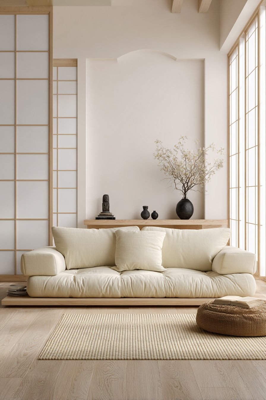 Low platform sofa with tatami rug and shoji panels
