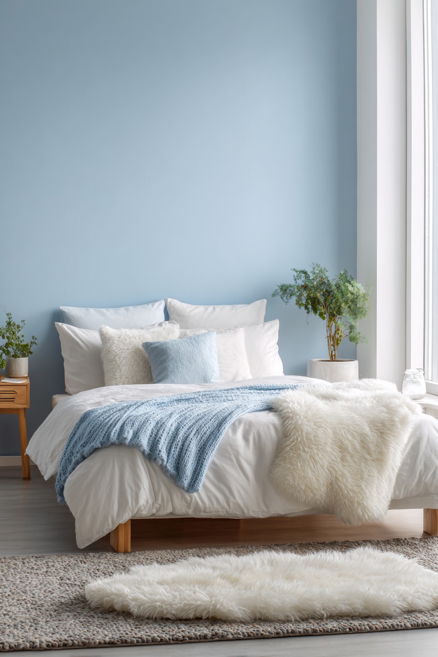 Pale icy blue with white furniture and sheepskin