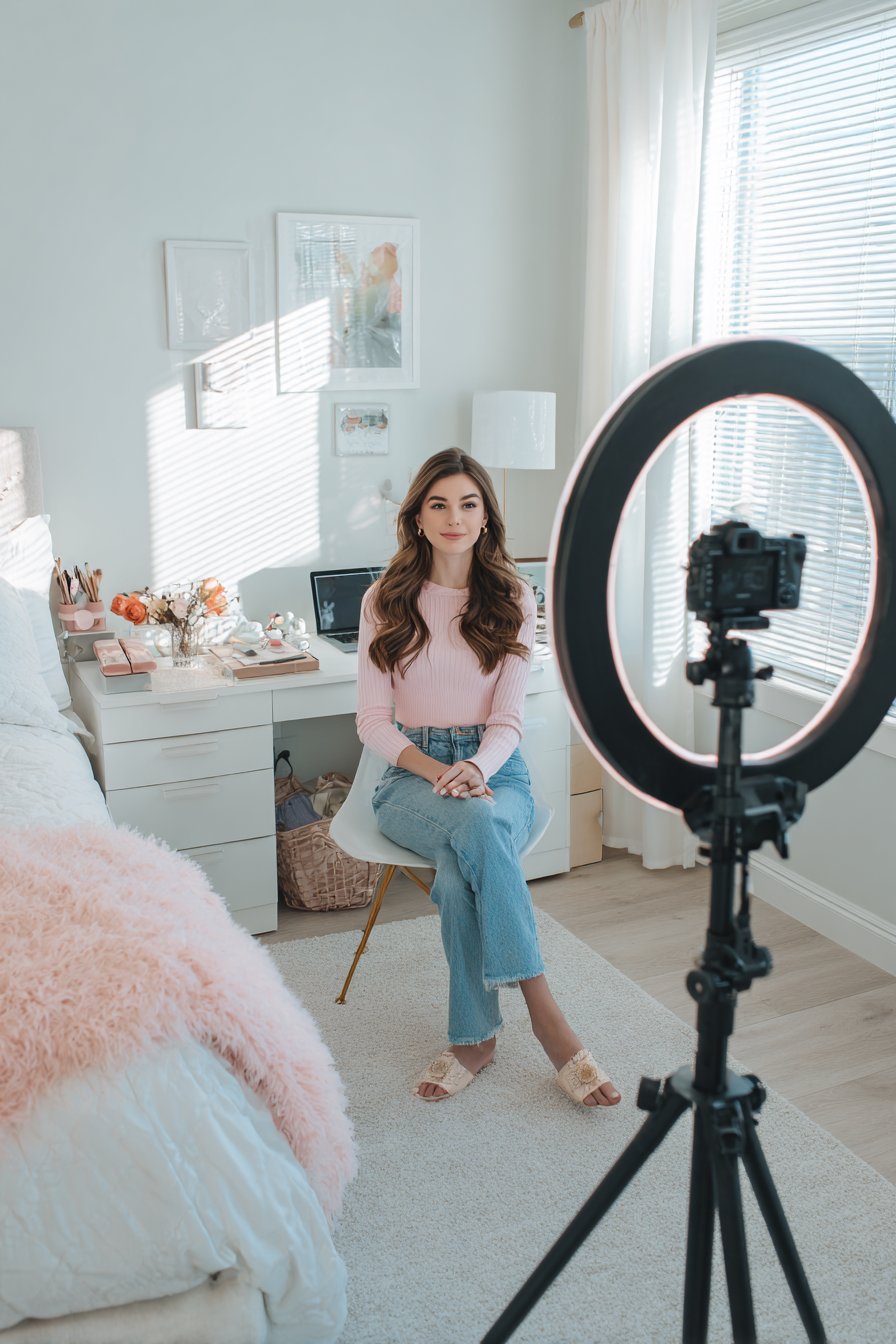 Ring light with clean backdrop and camera equipment
