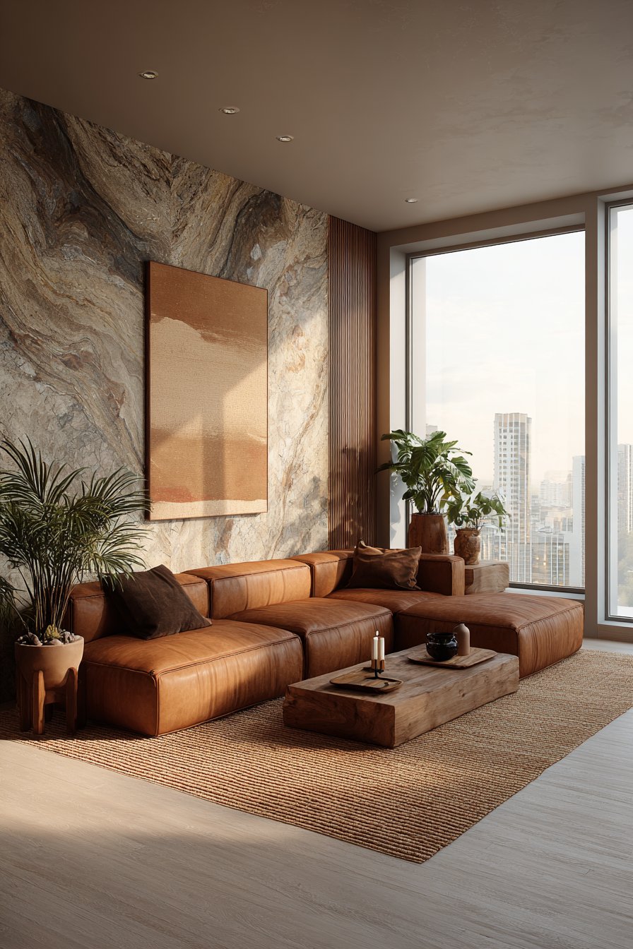 Taupe walls with saddle leather and brown limestone