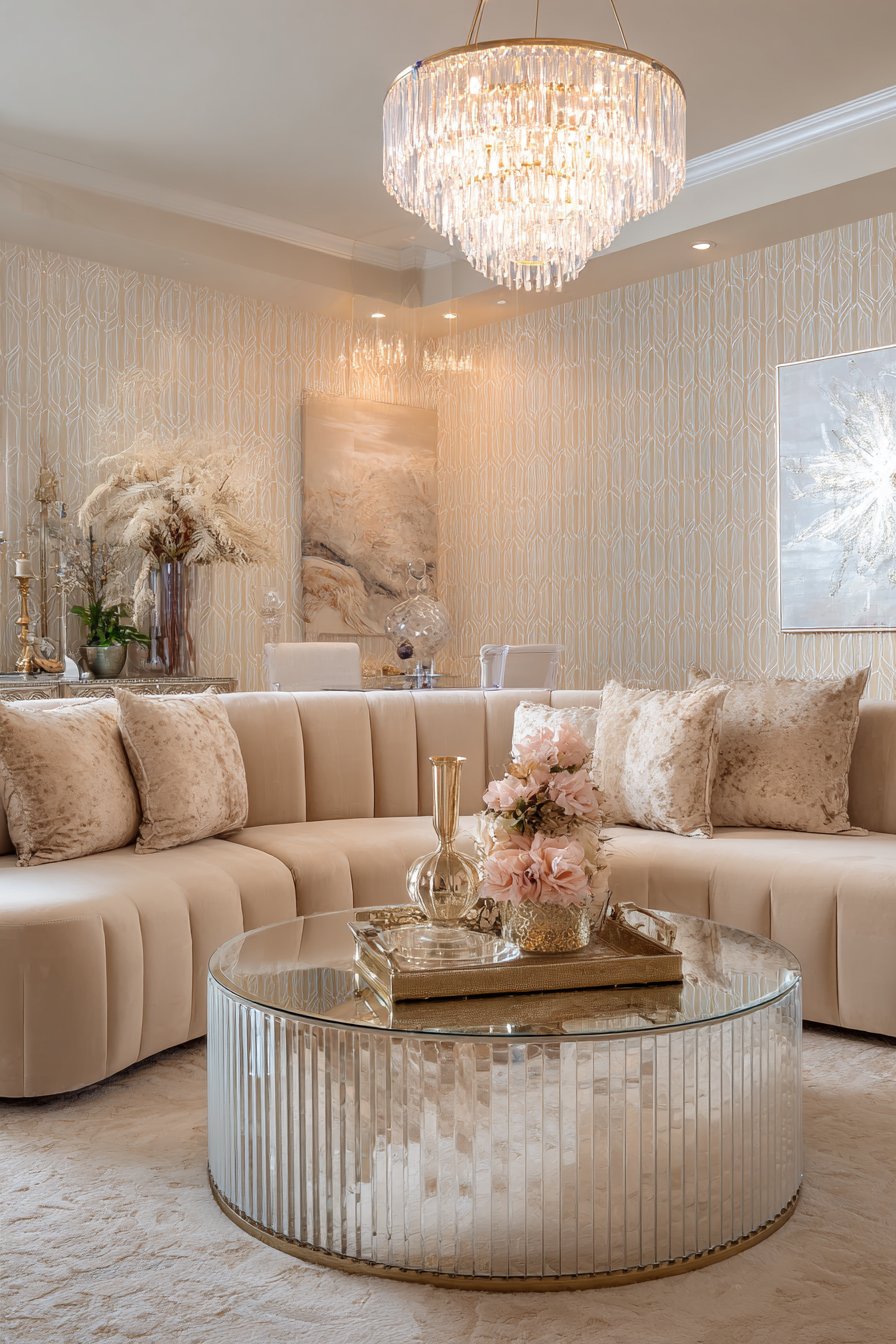 Champagne beige channel-tufted velvet with mirrors and gold