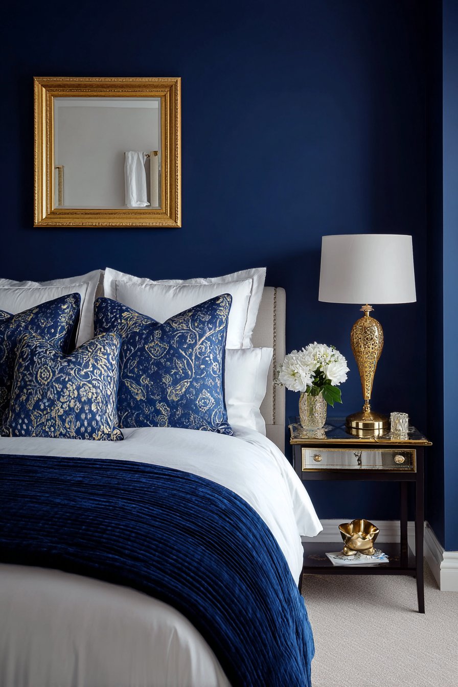 Deep sapphire walls with gold metallic accents