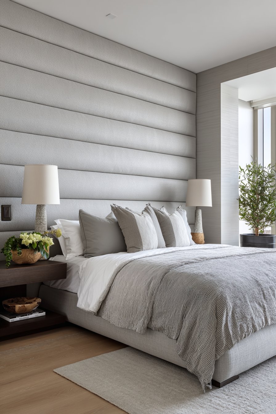 Fabric-covered wall with horizontal quilted channels