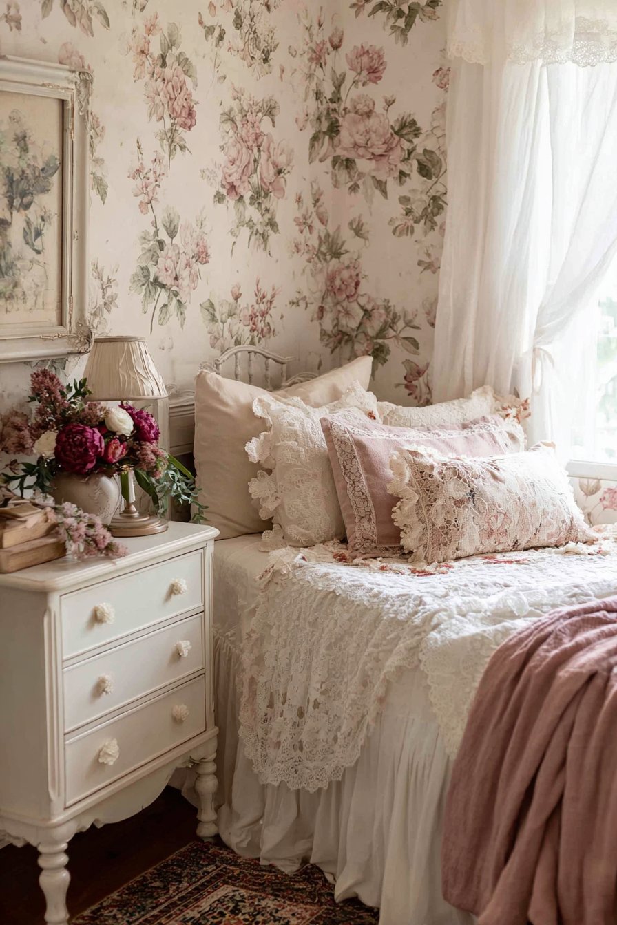 Botanical wallpaper with refinished vintage furniture