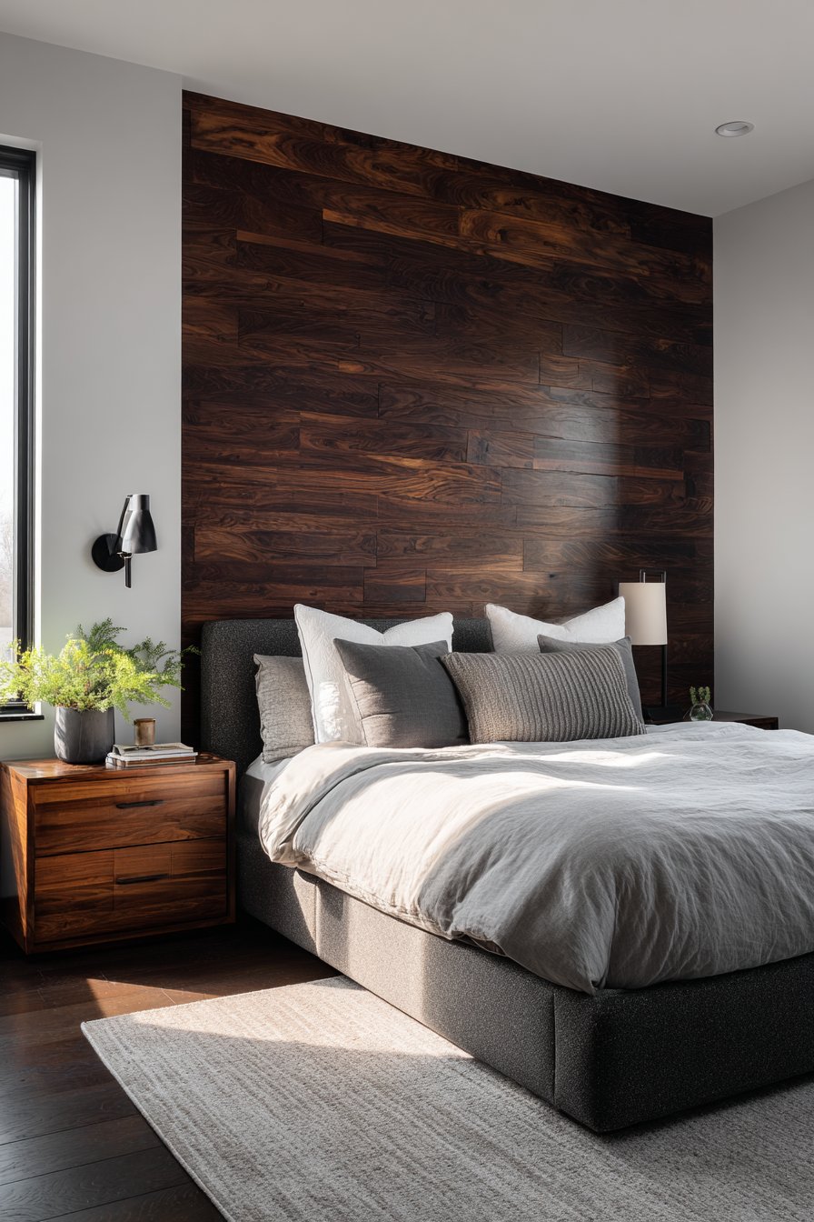 Rich wood grain wall with grey upholstered bed