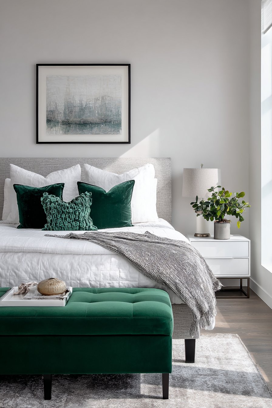 Bold green velvet bench at bed foot
