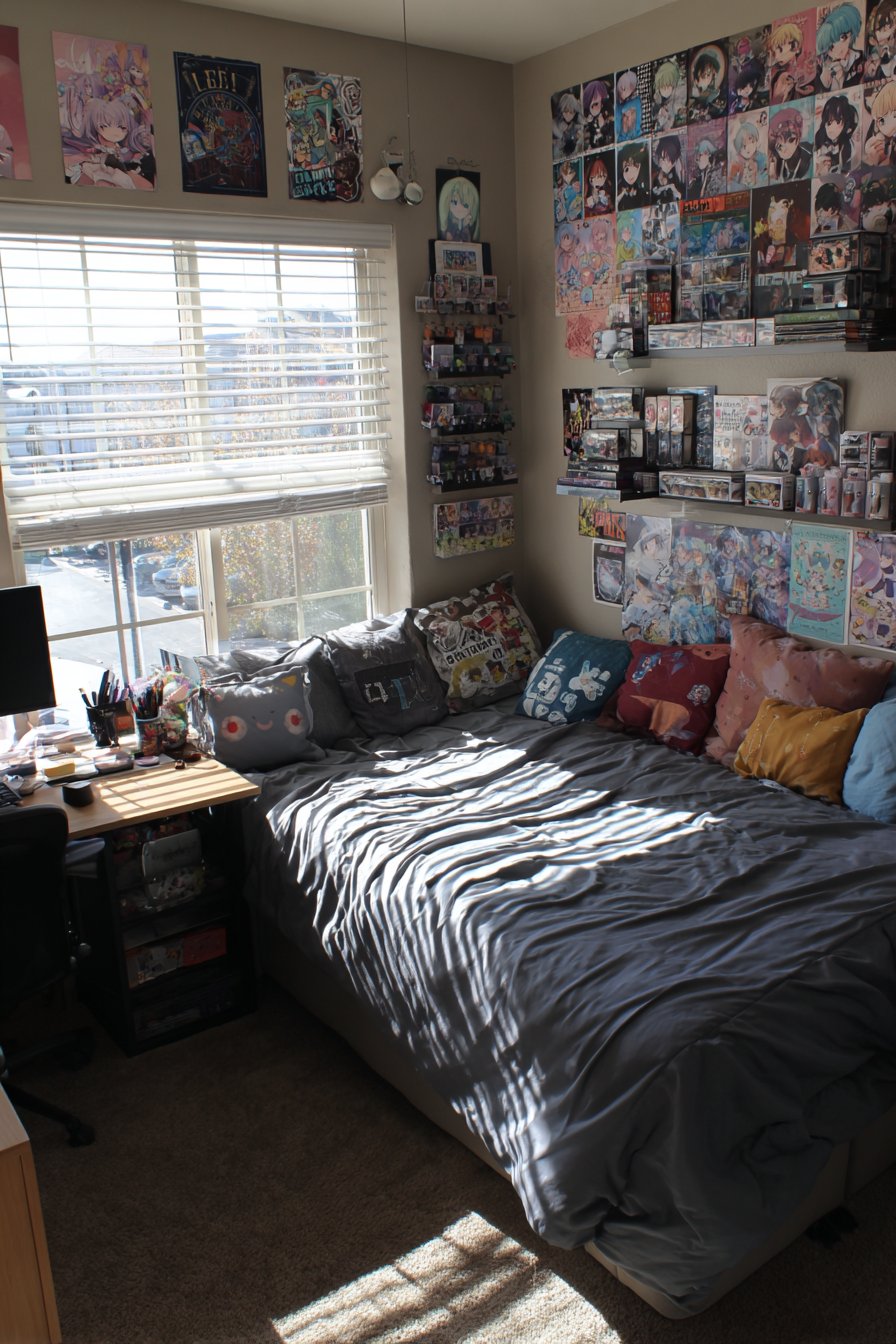 Organized poster arrangement with collectibles and albums