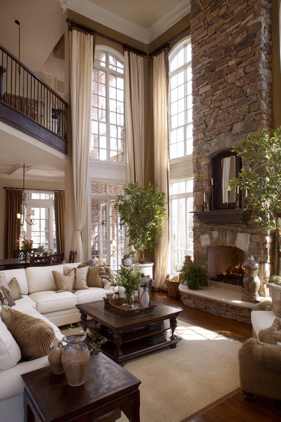 Grand living room with 20-foot ceilings and stone fireplace