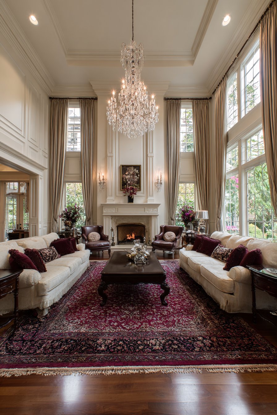 Traditional estate living room with matching sofas