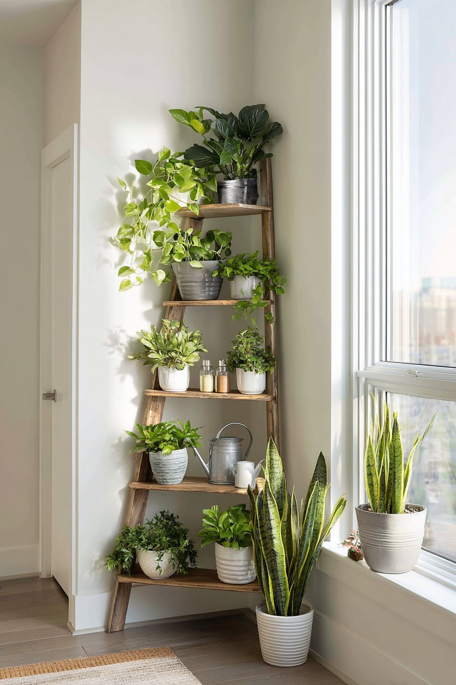 Ladder shelf with plants in corner