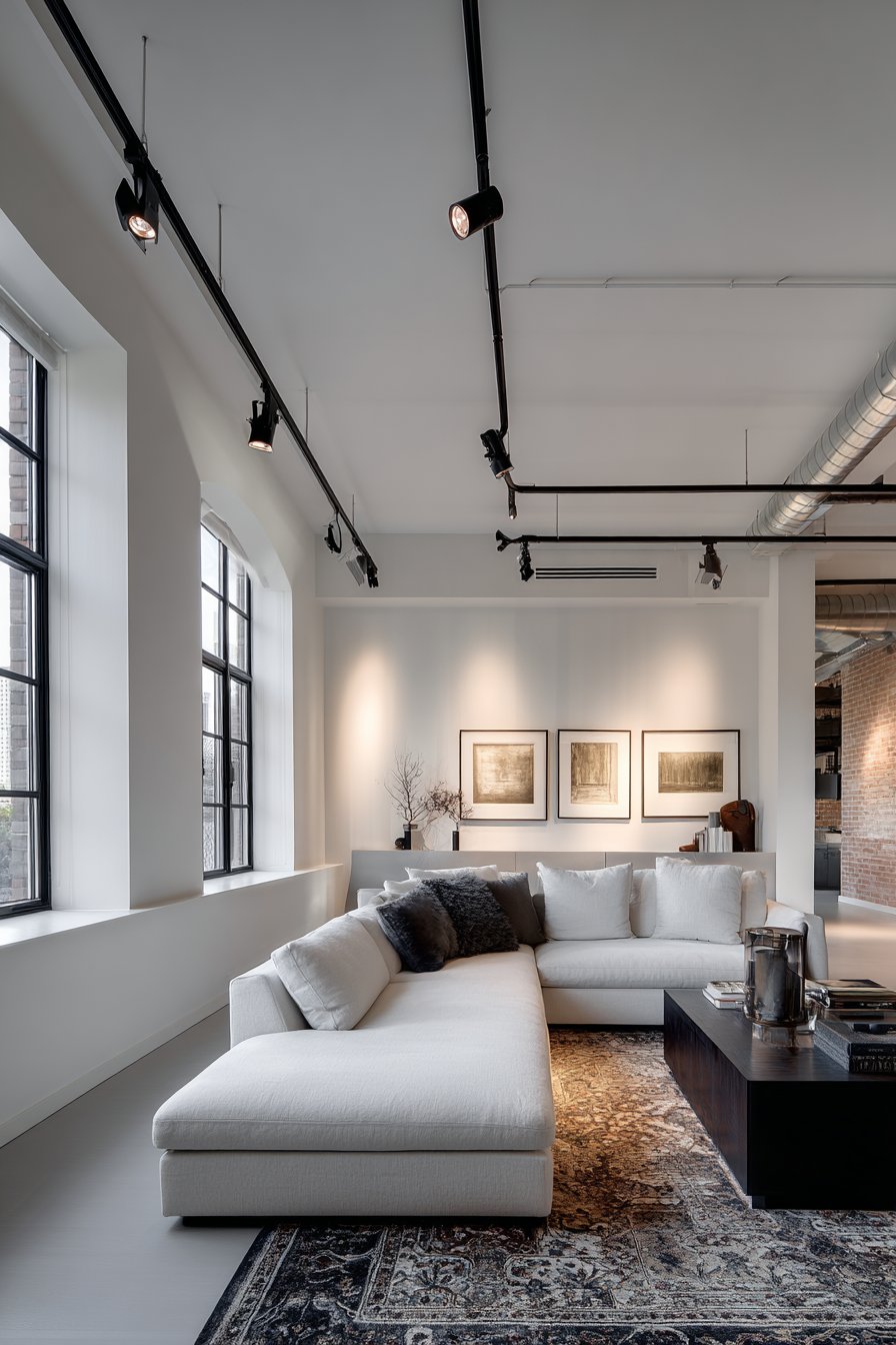 Black track lighting system with adjustable spotlights