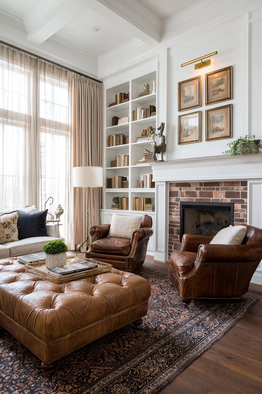 White built-in bookcases flanking brick fireplace