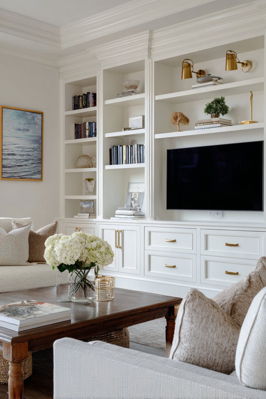 Floor-to-ceiling white built-ins surrounding TV niche