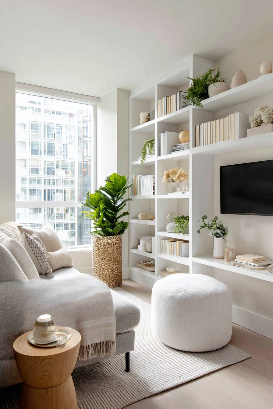 White floor-to-ceiling shelving in compact apartment