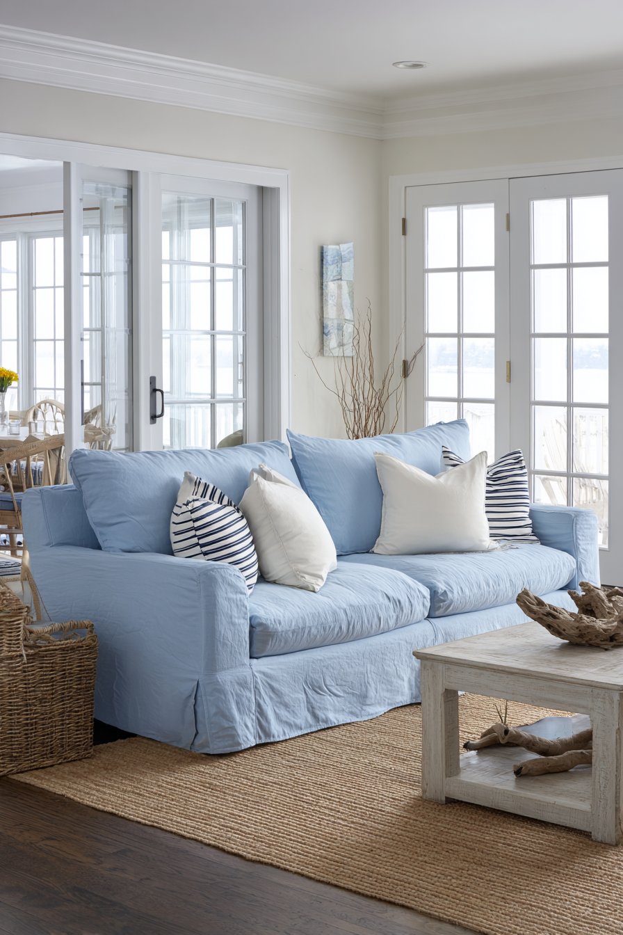 Powder blue linen slipcovered sofa in coastal beach house living room
