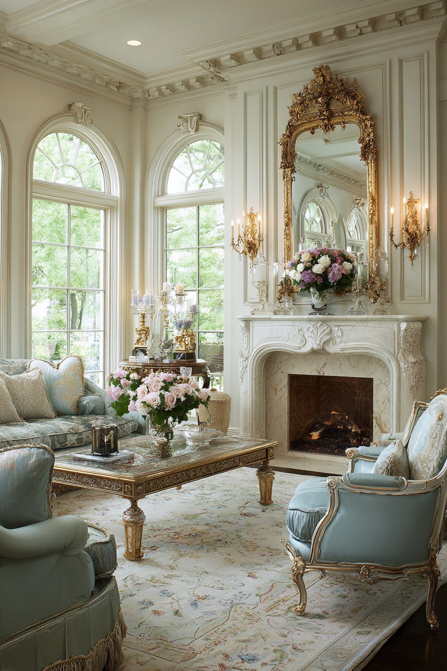 Pale blue bergère chairs beside marble fireplace