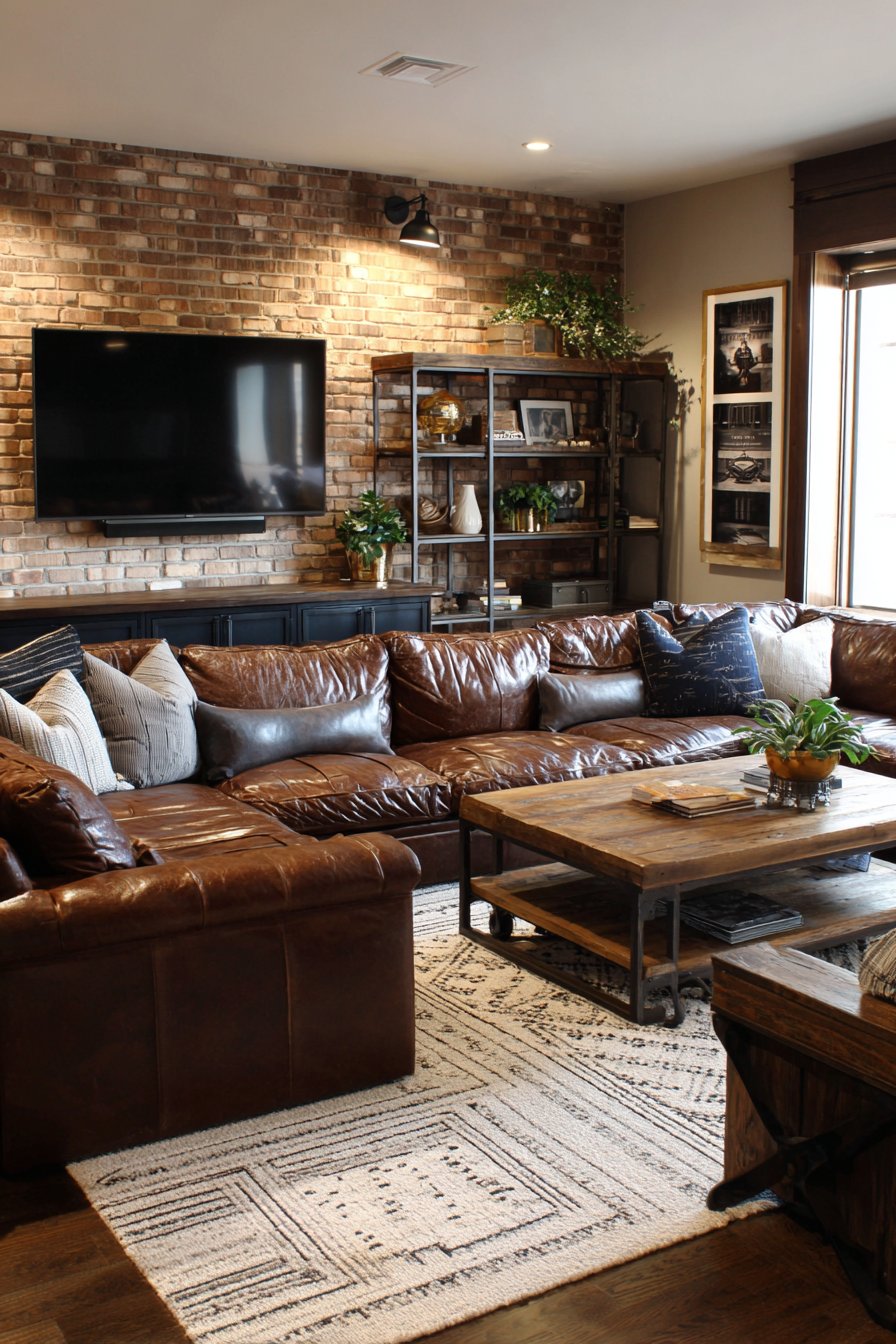 Cognac brown leather sectional with industrial shelving