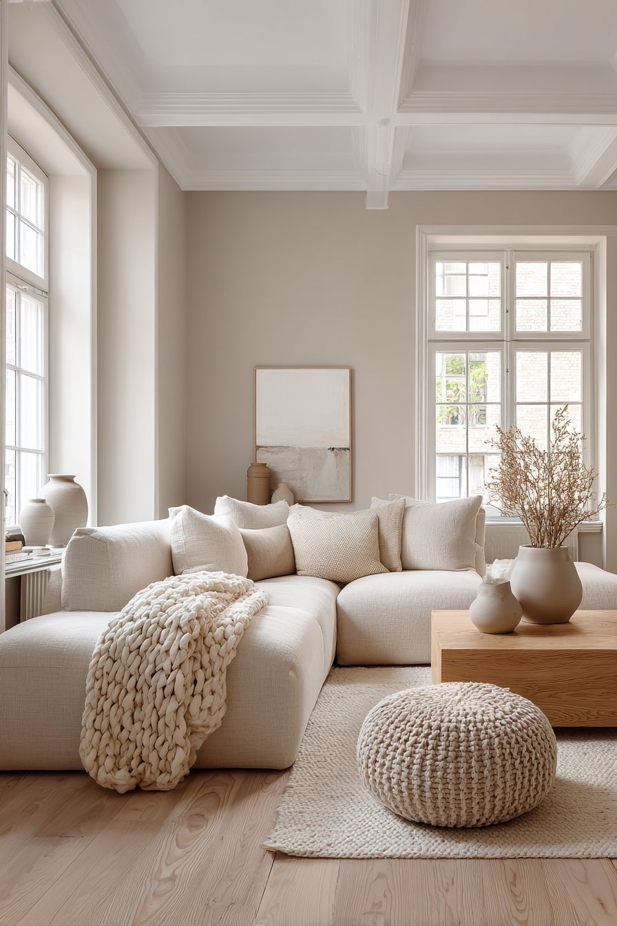 Soft greige walls with oatmeal linen and light oak